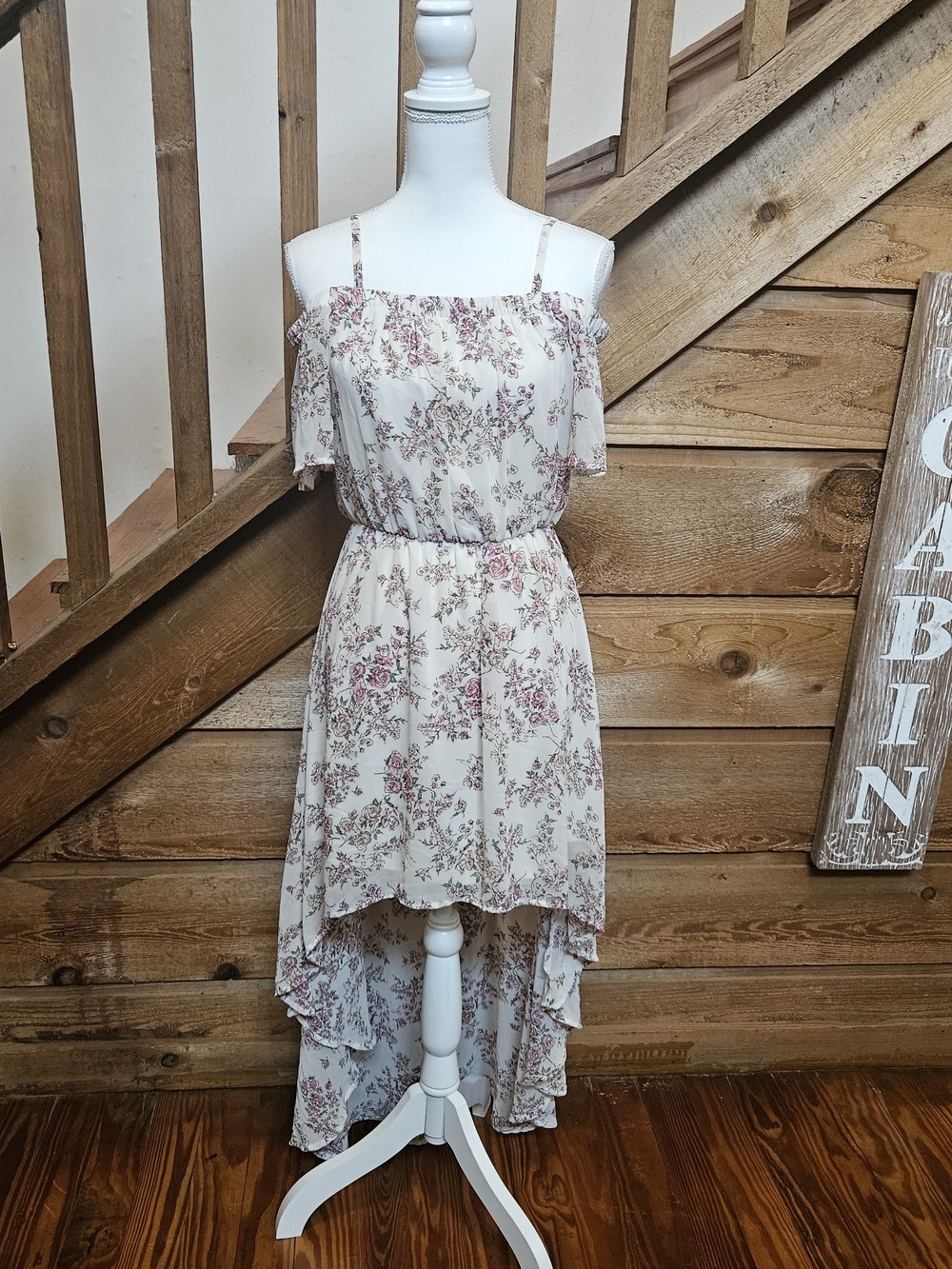 AUW Cream Floral High-Low Ruffle Dress